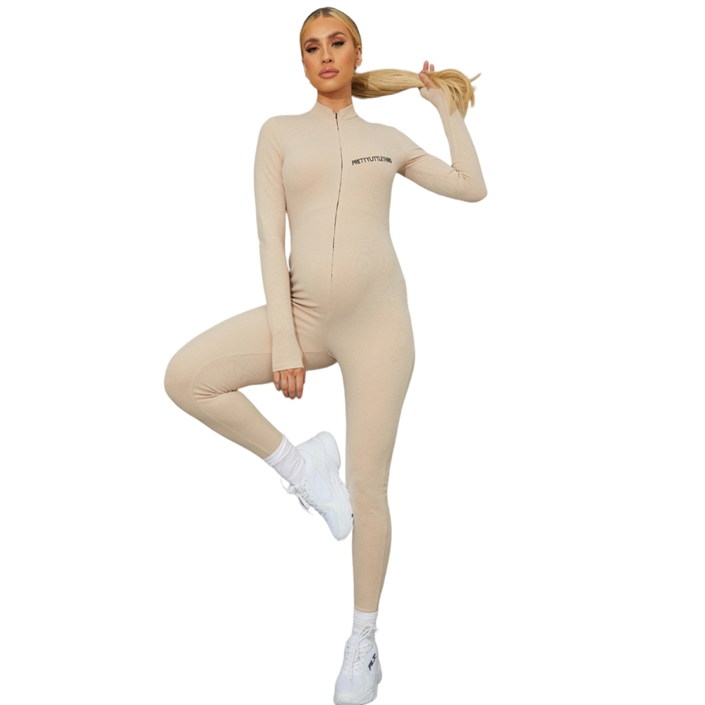 PrettyLittleThing Maternity Ribbed Zip Front Long Sleeve Jumpsuit Beige US 10 - Picture 12 of 12